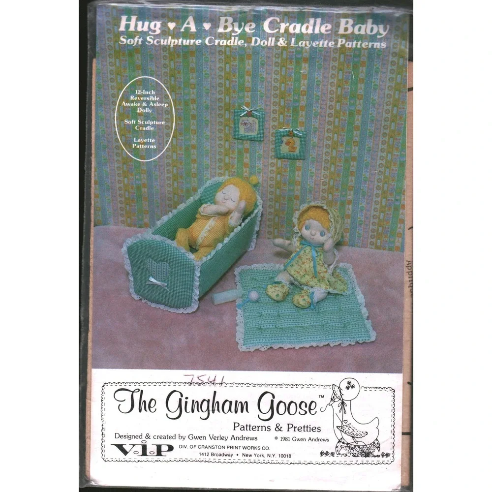 Vintage 1981 The Gingham Goose Hug-A-Bye Cradle Baby Doll & Layette Pattern 7541